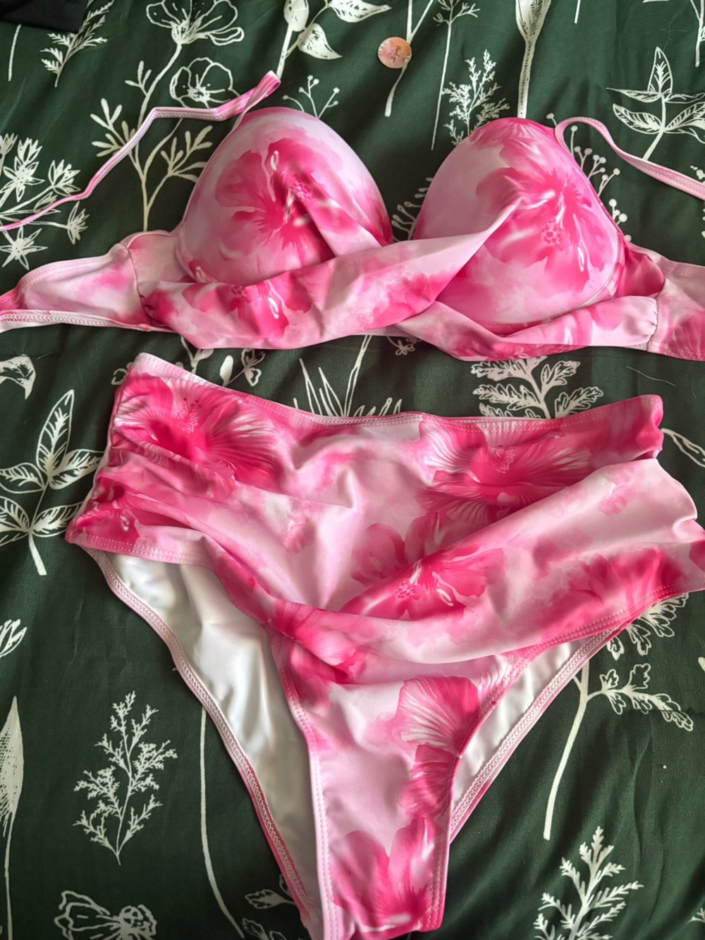 Pink Hibiscus Print Supportive Bikini Top with Hight waisted bottoms